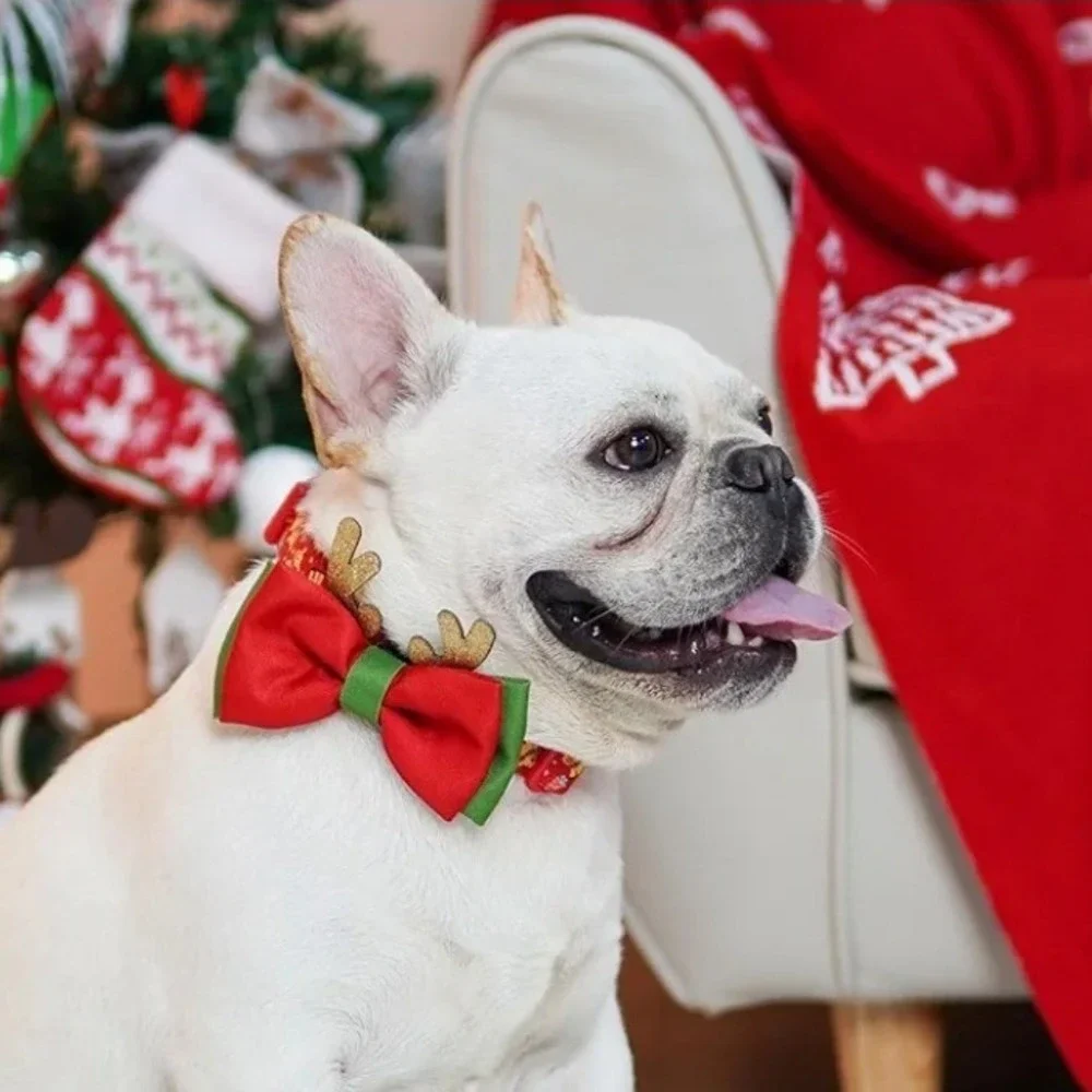 Christmas Reindeer Dog Collar with Removable Bowtie Glitter Antlers Red Green XS